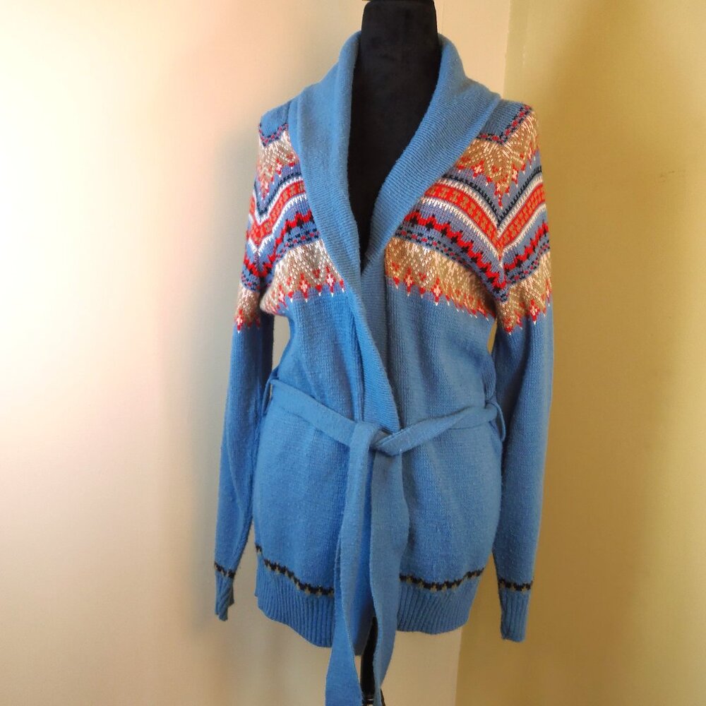 Vintage Hands Off for Sears Fair Isle SZ Md Cardigan Open Front Tie Lagen Nordic